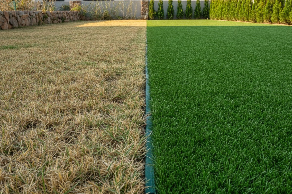 Patchy dry real lawn beside level artificial grass in the same garden