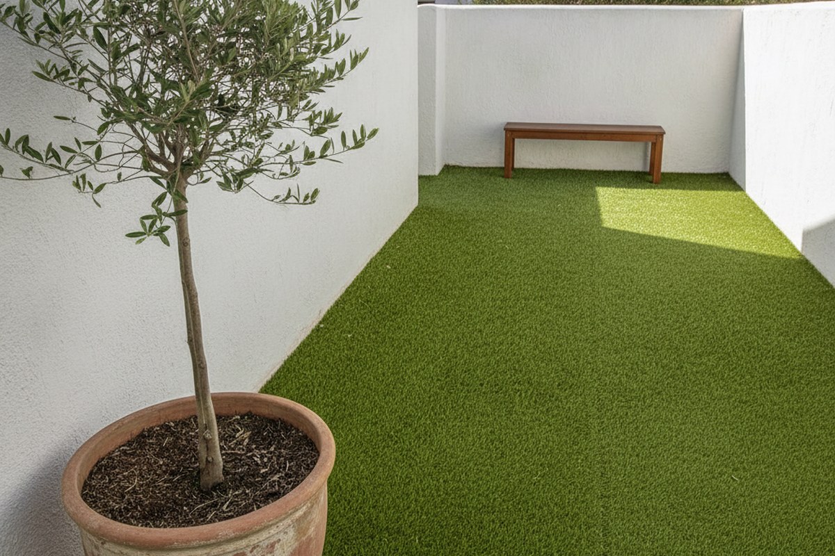 Small walled courtyard covered wall to wall in artificial grass