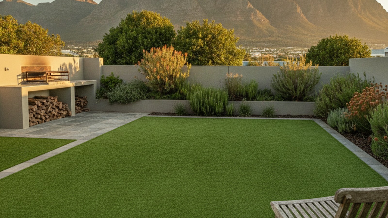 Established artificial grass lawn in a Cape Town back garden with a paved braai area alongside