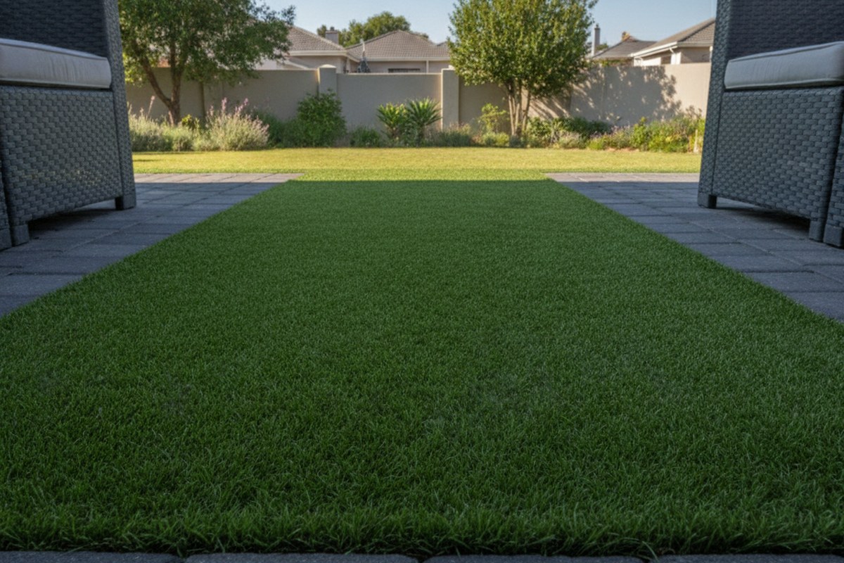 Artificial lawn finished flush against a paved patio edge at a Cape Town home