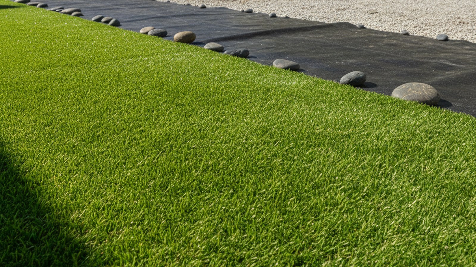 Garden mid-installation showing base, membrane and finished artificial grass