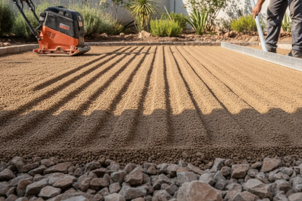 Crushed stone sub-base screeded level before artificial grass is laid
