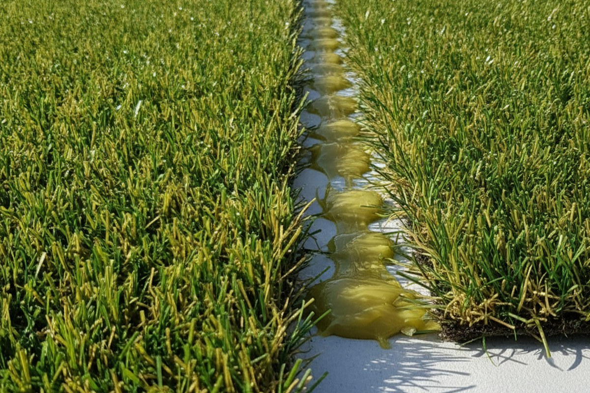 Two artificial grass panels joined with seaming tape and adhesive