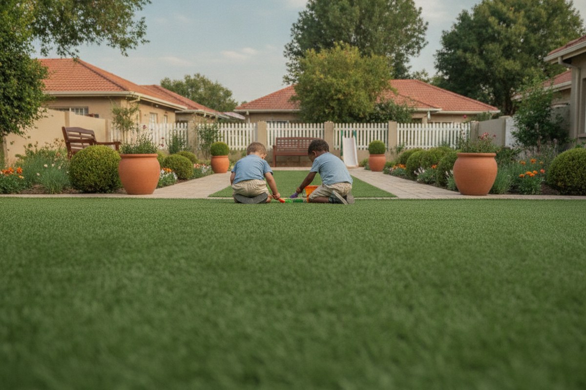 Children playing on a soft artificial lawn in a suburban garden
