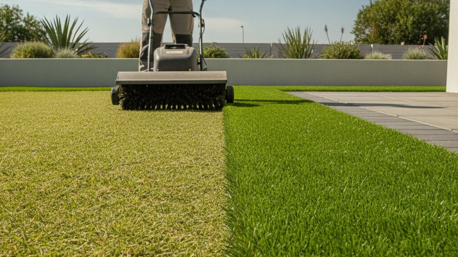 Power brush grooming an artificial lawn, brushed pile standing upright