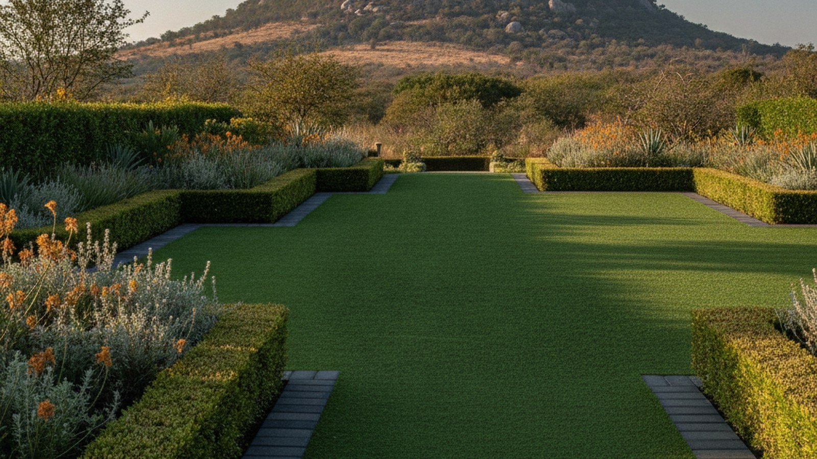 Artificial grass lawn with the Paarl granite koppie rising behind