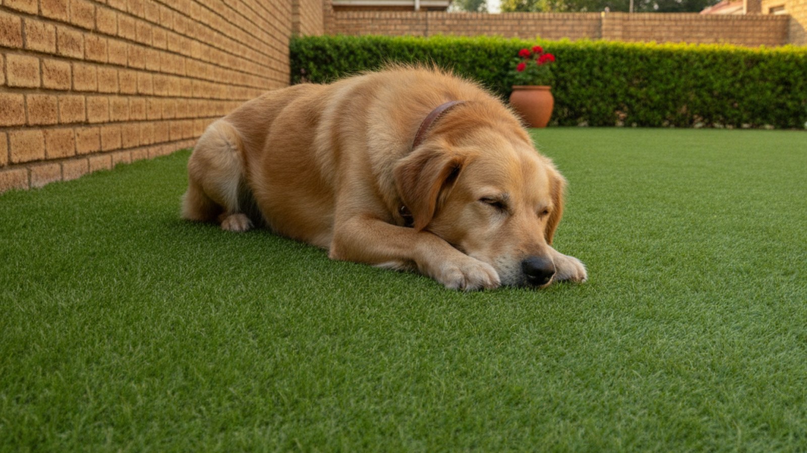 Dog resting on a clean artificial lawn in a walled suburban garden