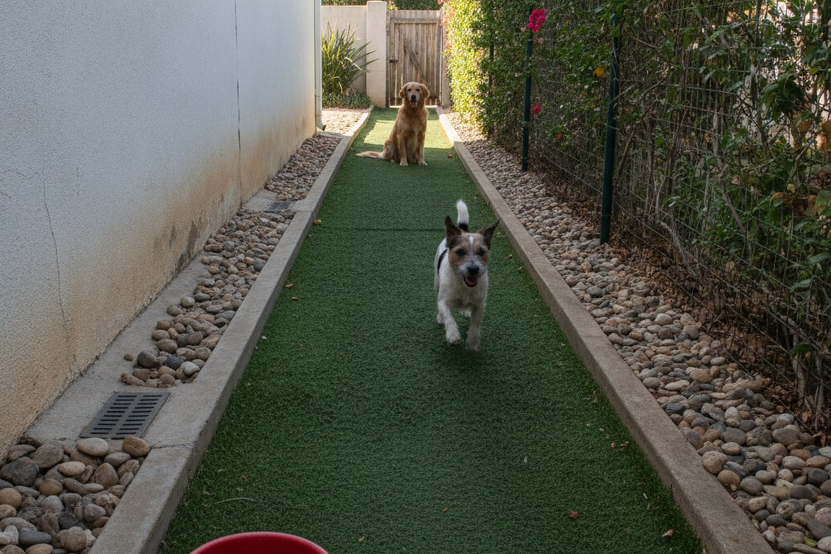 Dog run laid with free-draining artificial grass over a stone base