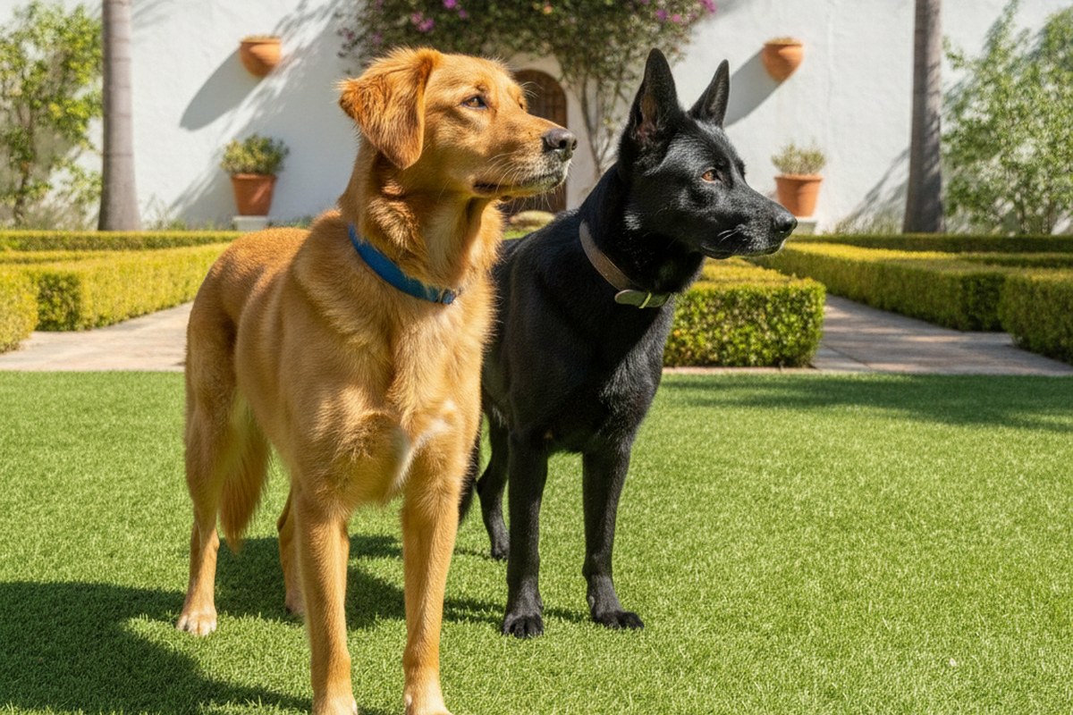 Two dogs standing on springy artificial grass in a sunny garden