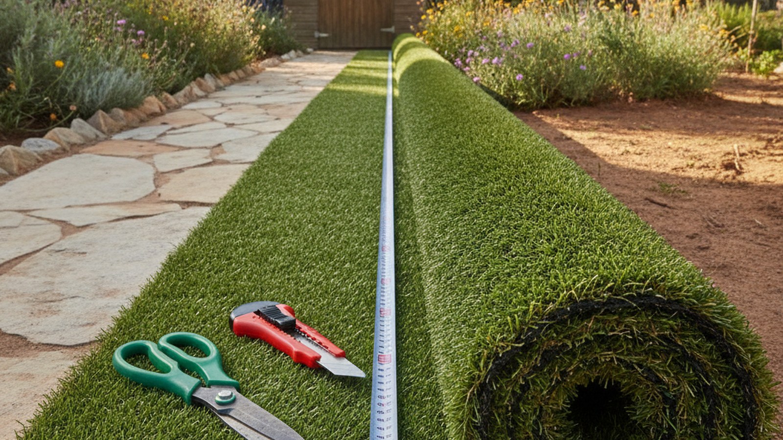 Roll of artificial grass measured with a steel tape to price a Cape Town installation