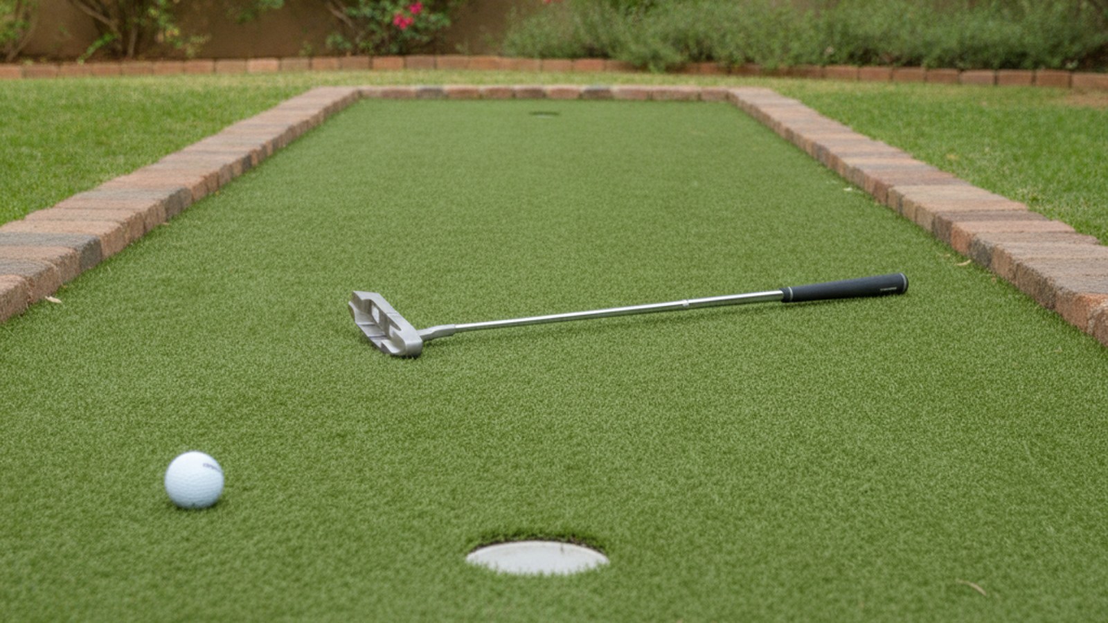 Backyard putting green built from short artificial putting turf with two cups