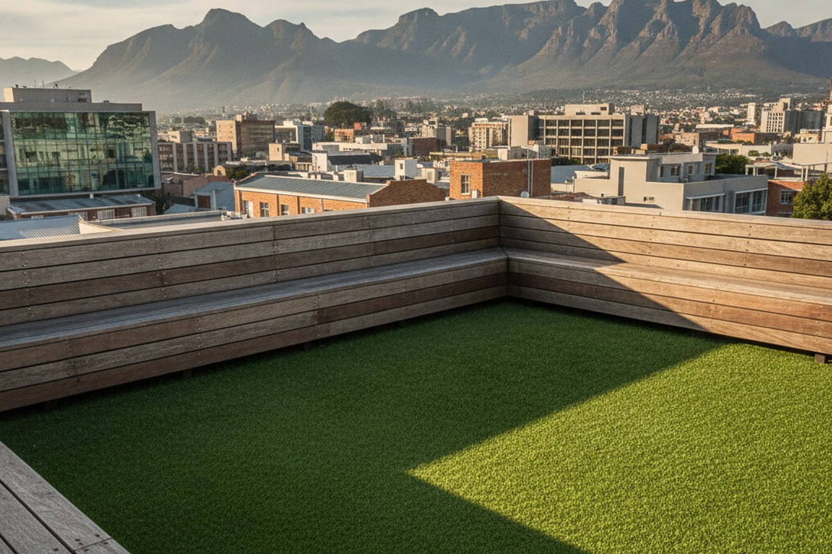 Rooftop terrace laid with artificial grass above the Cape Town rooftops