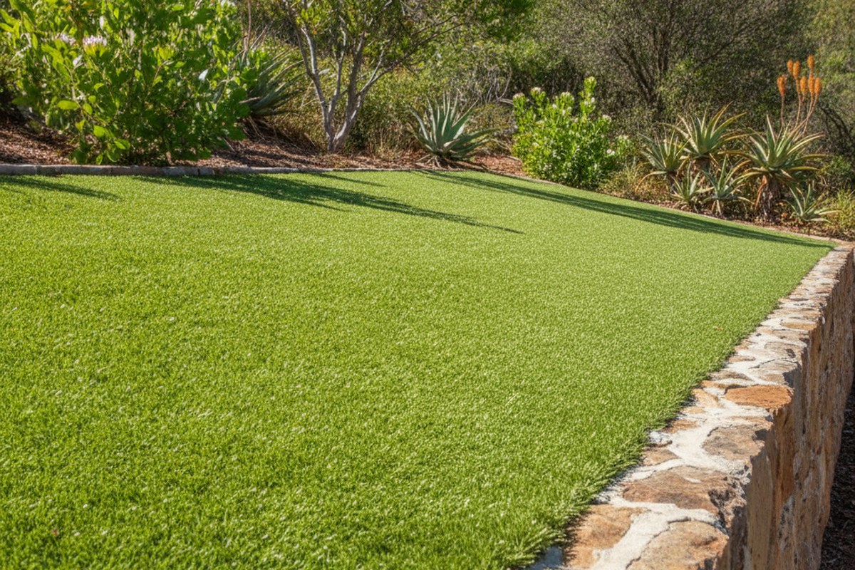 Artificial grass laid smoothly over a sloping garden bank