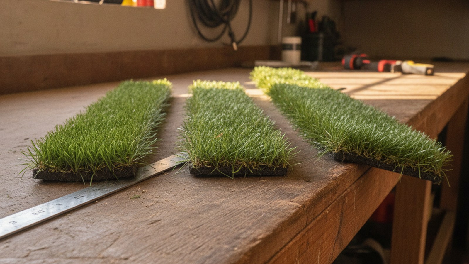 Three artificial grass samples laid side by side on a bench, short through to long pile