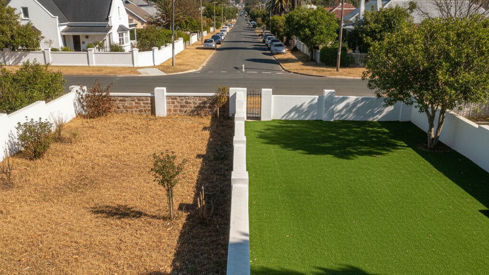 Dry dormant front lawn beside a green artificial lawn in a Cape Town street